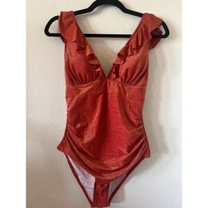 Cupshe Rust Orange Metallic Shimmer Ruffle V-Neck One Piece Swimsuit L NEW